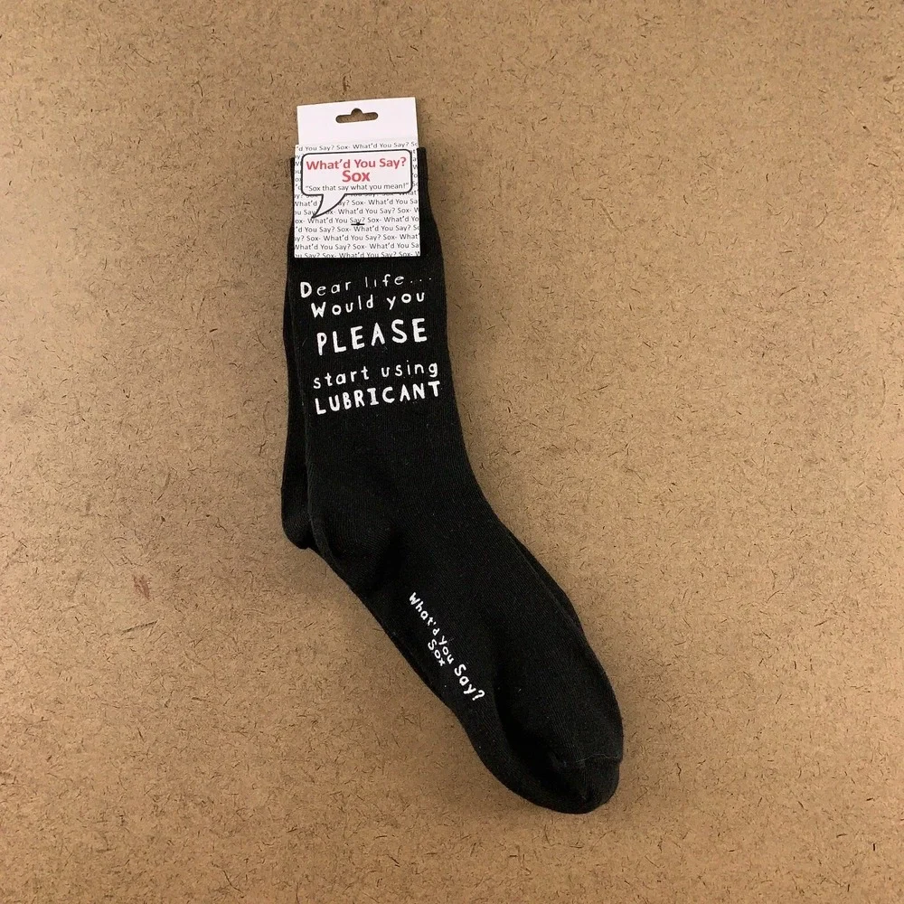 What'd You Say Sox Adult One Size Black White Life Use Lubricant Crew Socks NWT